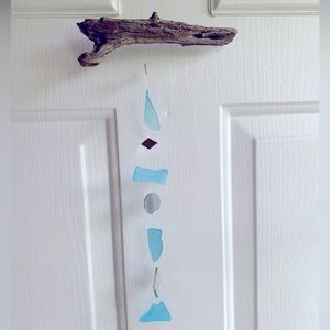 Baby blue beach glass light chime with nice piece of driftwood!